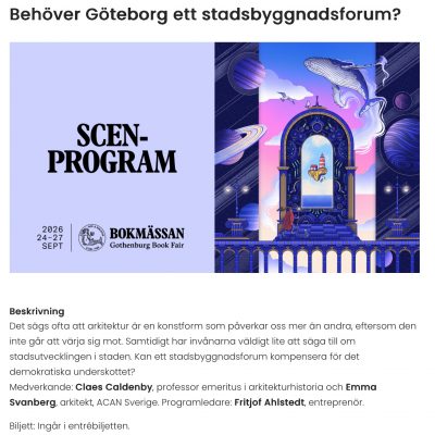 2026-09-25 Bokmässan: ”Behöver Göteborg ett stadsbyggnadsforum?”