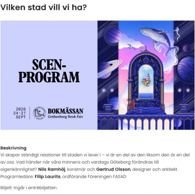 2026-09-27 Bokmässan: ”Vilken stad vill vi ha?”